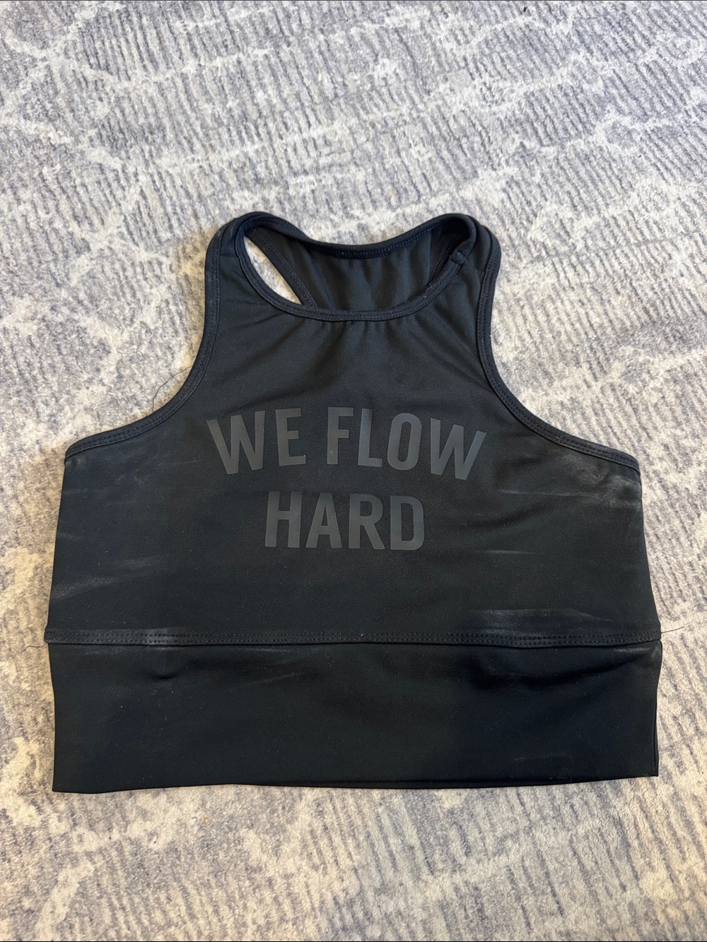 Black High-Neck Sports Bra with 'We Flow Hard' Print